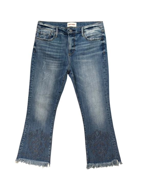 DRIFTWOOD Denim - NWOT DRIFTWOOD Roxy Crop Flare Studded Frayed Fringe Raw Hem Jeans Size 30